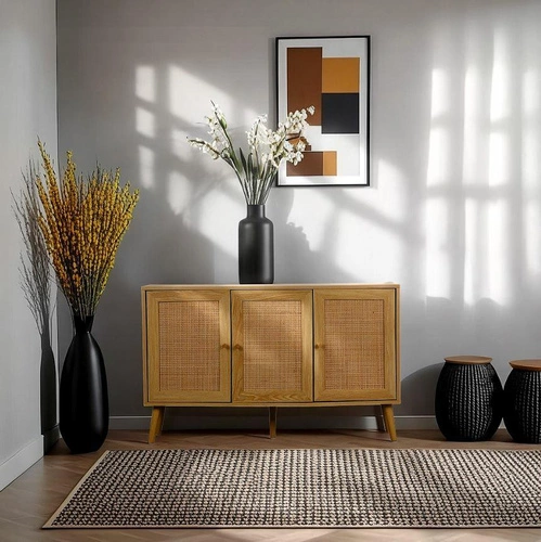 Komoda Ballo drewniana boho z rattanowymi frontami na nóżkach 115 cm do salonu Intesi
