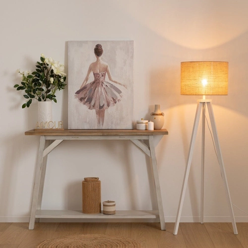 Lampa podłogowa trójnóg Elva Atmosphera beżowa drewniana skandynawska do salonu i sypialni