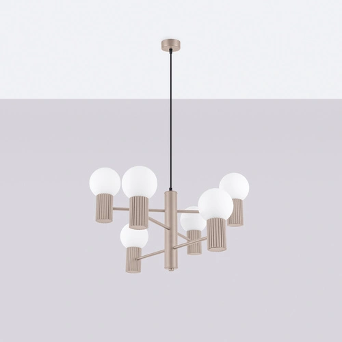 Nowoczesny żyrandol HALO 6 beżowy do salonu i jadalni z kulistymi kloszami szklanymi