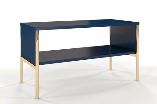 Stolik kawowy Polka prostokątny drewniany niebieski ze złotymi nogami z półką do salonu SKANDICA
