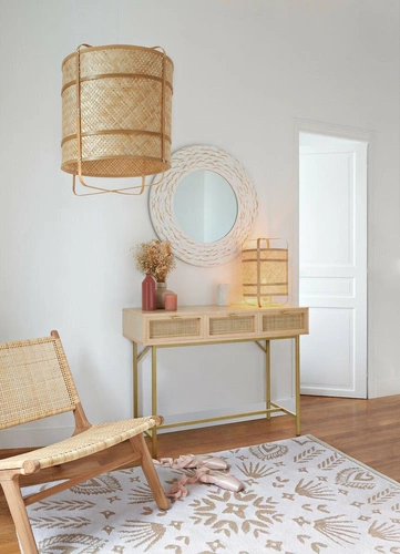 Konsola Rayo boho z rattanu i drewna z szufladami do przedpokoju lub salonu Atmosphera