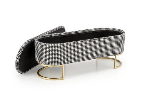 Ławka tapicerowana Edessa ze schowkiem do przedpokoju w pepitkę glamour na złotych nogach