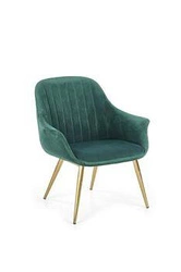 Fotel kubełkowy Dasco welwet zielony glamour do salonu z podłokietnikami na złotych nogach