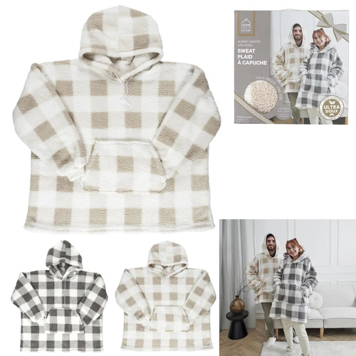 Bluzo koc Intesi snuddie ciepły beżowy w kratę z kapturem na kanapę 128 cm