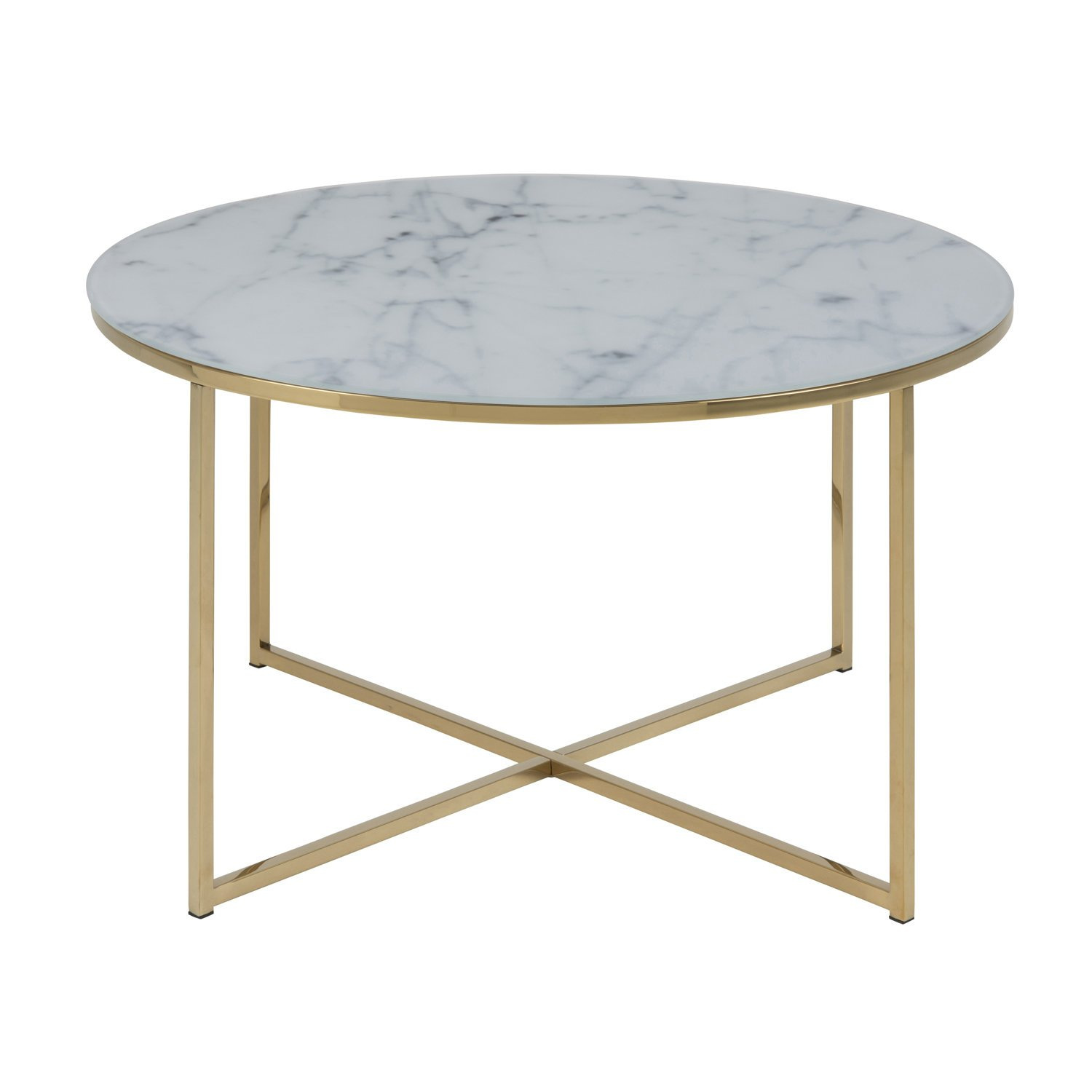 Stolik kawowy Alisma okrągły szklany biały ze złotą metalową podstawą glamour do salonu 80 cm