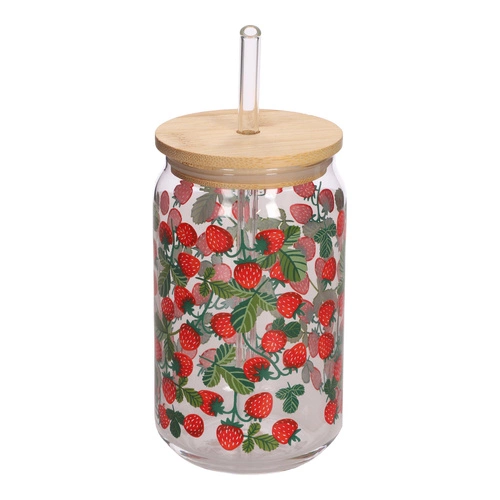 Szklanka do napoju z pokrywką i słomką Soleo 530 ml poziomki Intesi – letni design