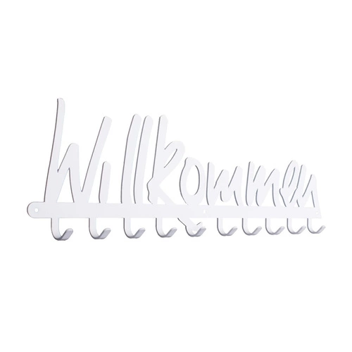 Nowoczesny wieszak ścienny do przedpokoju Intesi Willkommen biały metalowy z napisem