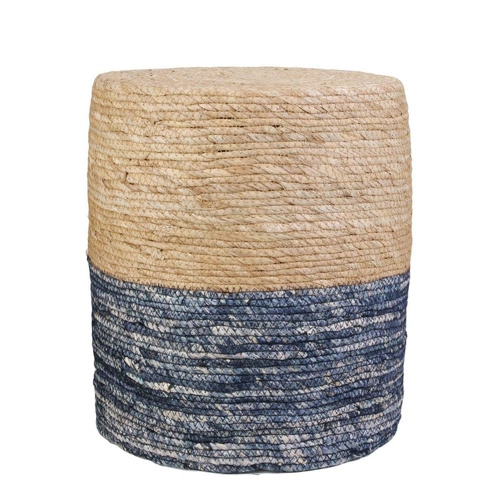 Pufa Bolsa okrągła pleciona boho do salonu i przedpokoju naturalno-niebieska Intesi 41 cm