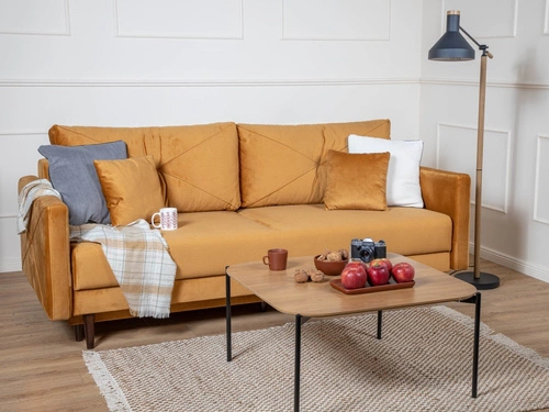 Sofa rozkładana z funkcją spania Saxo 2 osobowa do salonu nowoczesna żółta z pojemnikiem