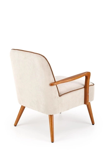 Fotel wypoczynkowy Grejs beżowy skandynawski do salonu z tkaniny na drewnianych nogach