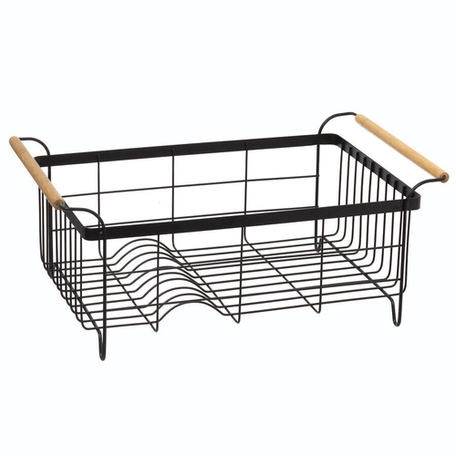 Ociekacz do naczyń czarny z drewnianym uchwytem na blat 43 cm z pojemnikiem na sztućce 5five