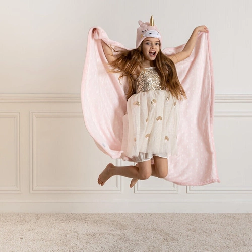 Koc polarowy z kapturem Jednorożec różowy Atmosphera ciepły na kanapę dla dzieci
