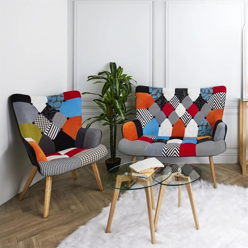 Fotel uszak Helsinki patchwork multikolor do salonu skandynawski z podłokietnikami Intesi