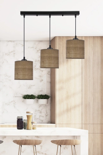 Lampa wisząca Legno 3-punktowa czarna z abażurem orzechowym do salonu i jadalni