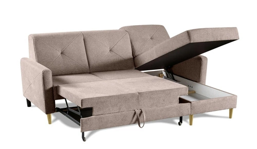 Narożnik z funkcją spania Scandi różowy welurowy do salonu z pojemnikiem na pościel