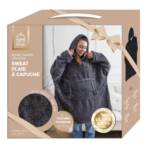Intesi szary bluzo koc z futerka ciepły z kapturem do salonu na zimę 120x83 cm