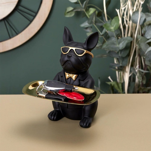 Figurka dekoracyjna buldog organizer czarny ze złotą tacą do salonu Intesi glamour