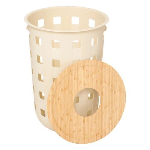 Bambusowy kosz na pranie Harmony 60L beżowy okrągły do łazienki styl boho z pokrywą