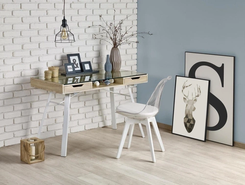 Biurko Sabal białe dąb sonoma z szufladami i półką, nowoczesne biurko do pracy skandynawskie
