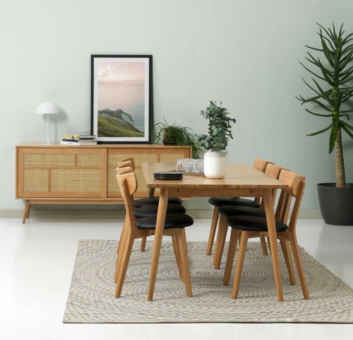 Komoda Barrali 180 cm dąb naturalny rattanowa na nóżkach do salonu