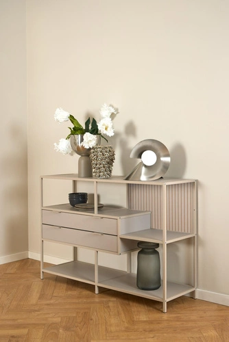 Regał loftowy Seaford V Actona na książki z szufladami kaszmir