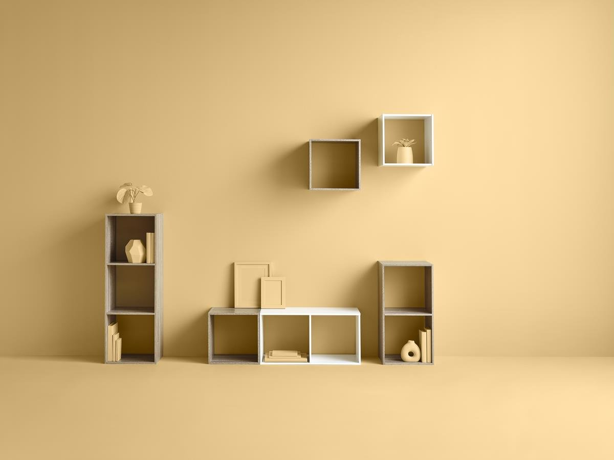 Regał na książki i zabawki Kali szary nowoczesny modułowy z 4 półkami personalizowany 67,6 cm