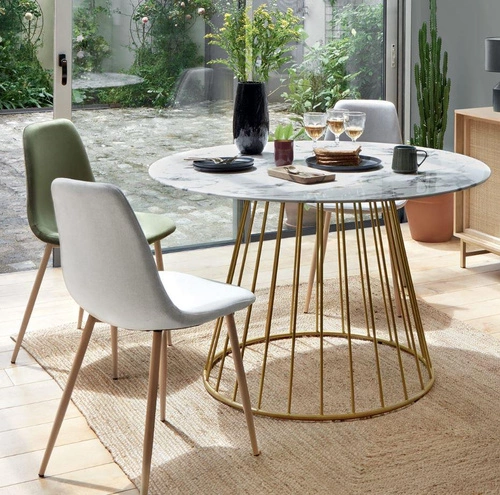 Stół okrągły glamour Rayo 120 cm biały marmur złoty szklany do jadalni i salonu Atmosphera