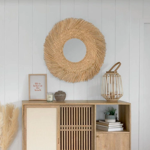 Lustro okrągłe boho Ael 80 cm wiszące do salonu z naturalnej trzciny Atmosphera