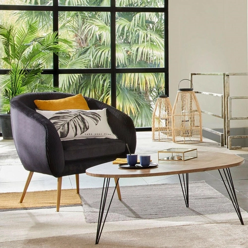 Stolik kawowy Neile owalny drewniany nowoczesny do salonu na trzech nogach Atmosphera