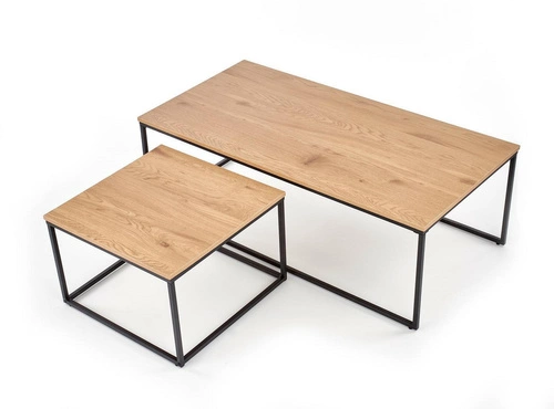 Zestaw 2w1 stolików kawowych loftowych Moxford dąb złoty i czarny do salonu