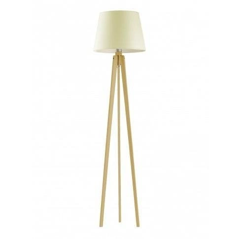 Lampa stojąca do salonu nowoczesna z abażurem ecru Curacao dębowa drewniana Lysne 158 cm