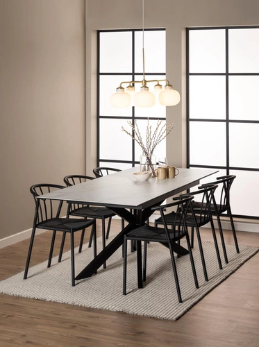 Stół rozkładany do jadalni Irwine Akranes biały ceramiczny blat czarne nogi nowoczesny 168–210x90 cm