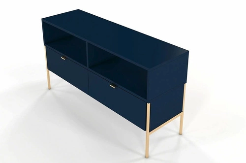 Szafka RTV glamour Polka 120 cm niebieska drewniana na złotych nogach do salonu SKANDICA