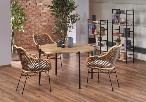 Stół okrągły loftowy Moris 120 cm do jadalni dąb złoty z czarnymi nogami Intesi