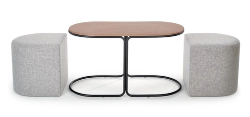 Stolik kawowy owalny loftowy Pampa z 2 pufami do salonu, metalowy, naturalny, Intesi
