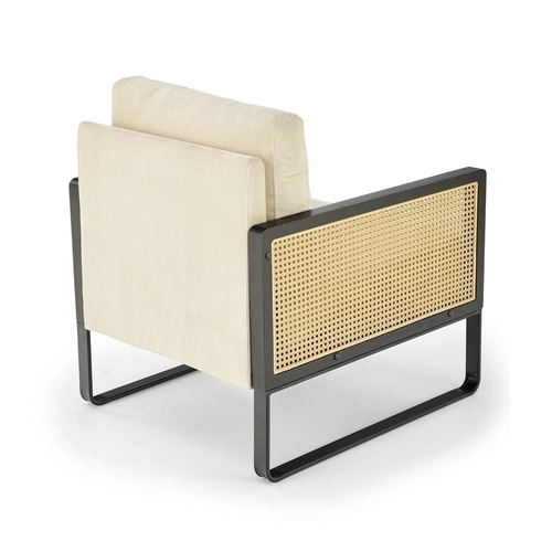 Fotel wypoczynkowy Edra beżowy welur boho do salonu na czarnej stalowej podstawie