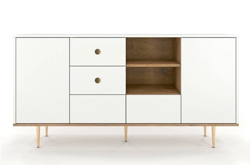 Komoda biała glamour z szufladami Harmoni 160 cm drewniana na złotych nóżkach do salonu SKANDICA