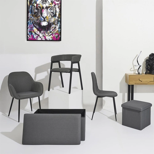 Krzesło tapicerowane Pori szare do jadalni i kuchni nowoczesne na czarnych metalowych nogach Intesi