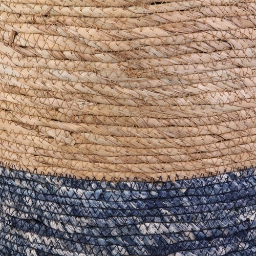 Pufa Bolsa okrągła pleciona boho do salonu i przedpokoju naturalno-niebieska Intesi 41 cm