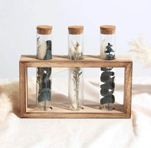 Atmosphera potrójny wazon szklany dekoracyjny z suszonymi kwiatami na drewnie 17 cm