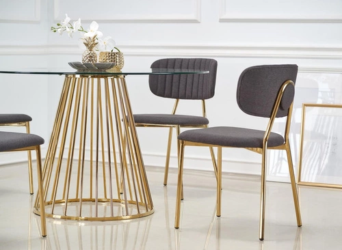 Stół okrągły szklany Dabro 120 cm na jednej nodze złoty nowoczesny do jadalni i salonu Intesi