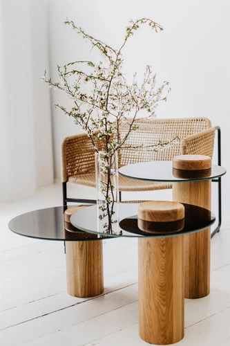 Stolik kawowy okrągły TYK 430 dębowy z lustrzanym blatem nowoczesny do salonu NORDIFRA