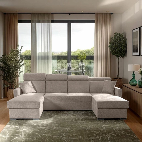 Narożnik z funkcją spania Mils U beżowy nowoczesny do salonu z pojemnikiem Intesi