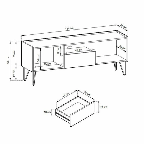Szafka RTV czarna Marbren 144 cm nowoczesna z szufladą i złotymi nogami do salonu Intesi