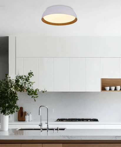 Plafon sufitowy LED Calabria biało-drewniany nowoczesny do salonu i sypialni 40 cm