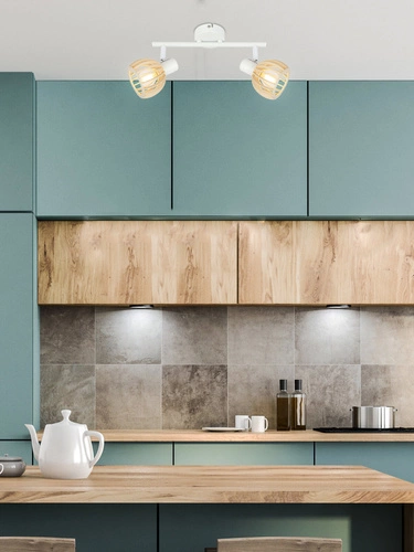 Nowoczesna lampa sufitowa Atarri biało-drewniana regulowana do salonu i sypialni 2-punktowa