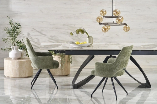 Stół rozkładany do jadalni Margareth biały marmur 180-260 cm nowoczesny blat spiek czarne nogi