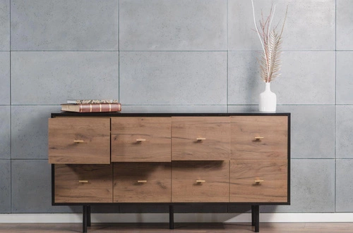 Komoda z szufladami MAUD czarna dąb craft tobacco nowoczesna do salonu i sypialni SKANDICA