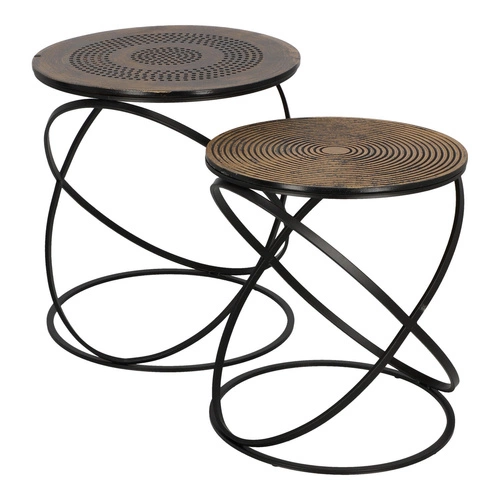 Zestaw 2 okrągłych stolików kawowych Etnik loft złoty czarny do salonu Atmosphera