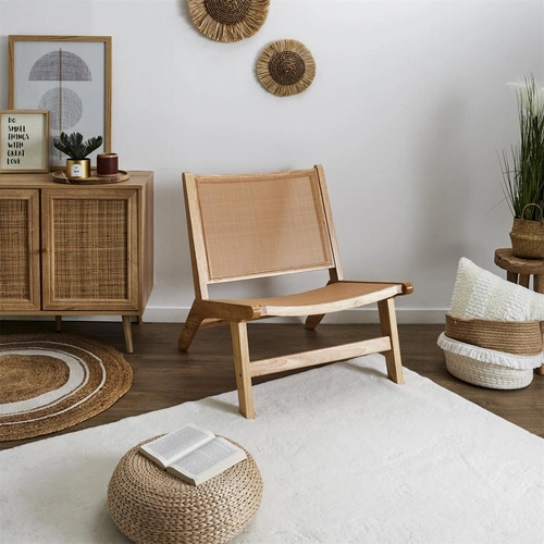 Fotel Bali drewniany boho do salonu Intesi z plecionką naturalny nowoczesny dekoracyjny